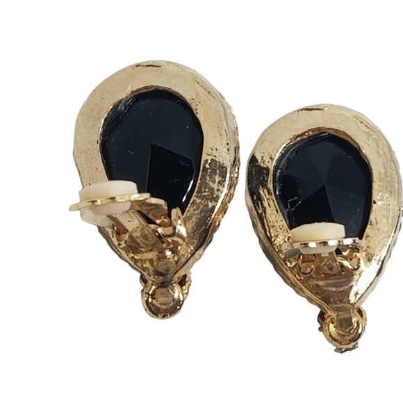 ELLEN DESIGNS VINTAGE 1980s BLACK GLASS & GOLDTONE CLIP ON STATEMENT EARRINGS - Picture 7 of 7